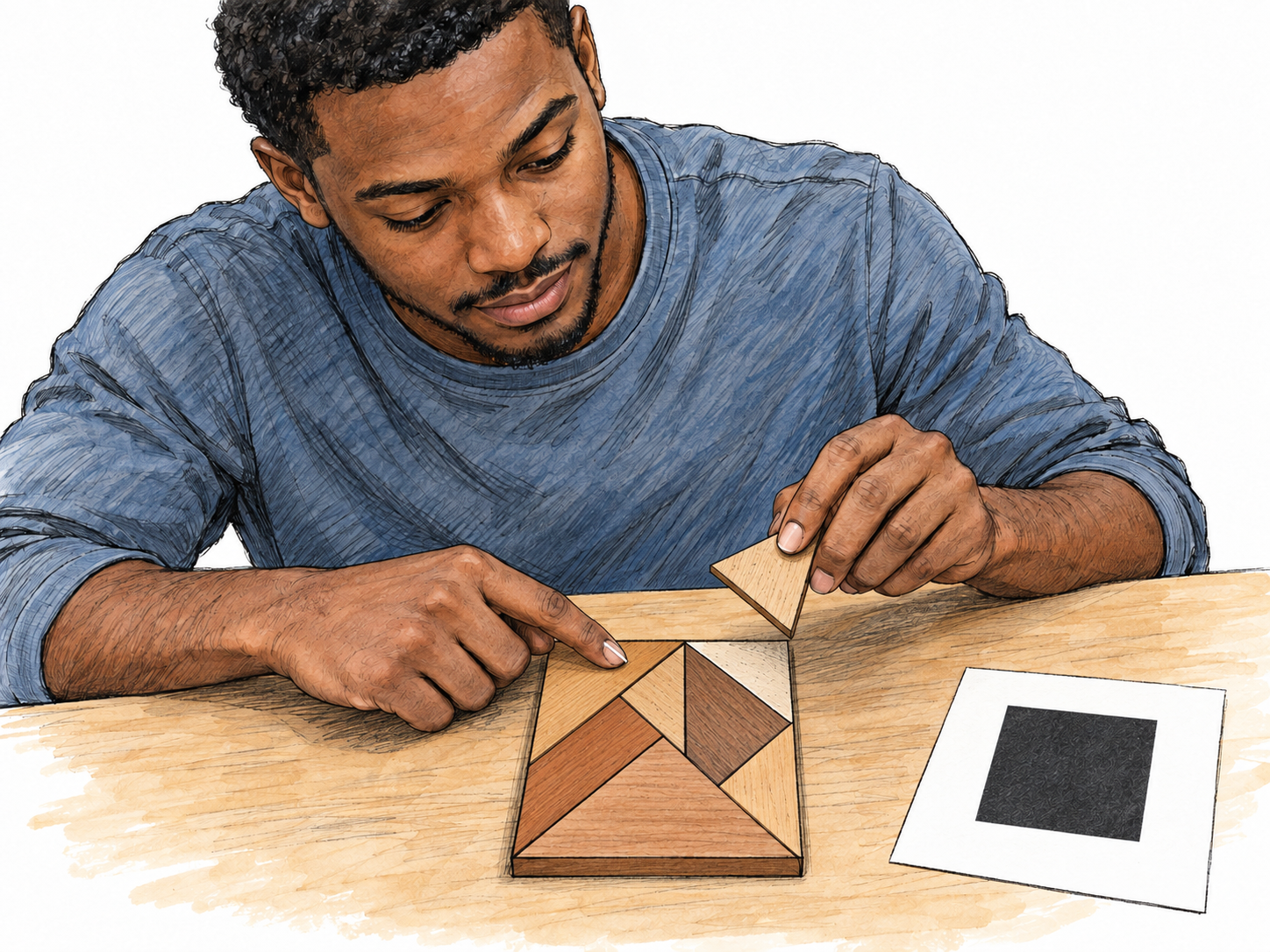 A young man reasons through a geometric puzzle, comparing a partially completed tangram with its target silhouette and rotating the matching final piece into the remaining gap.