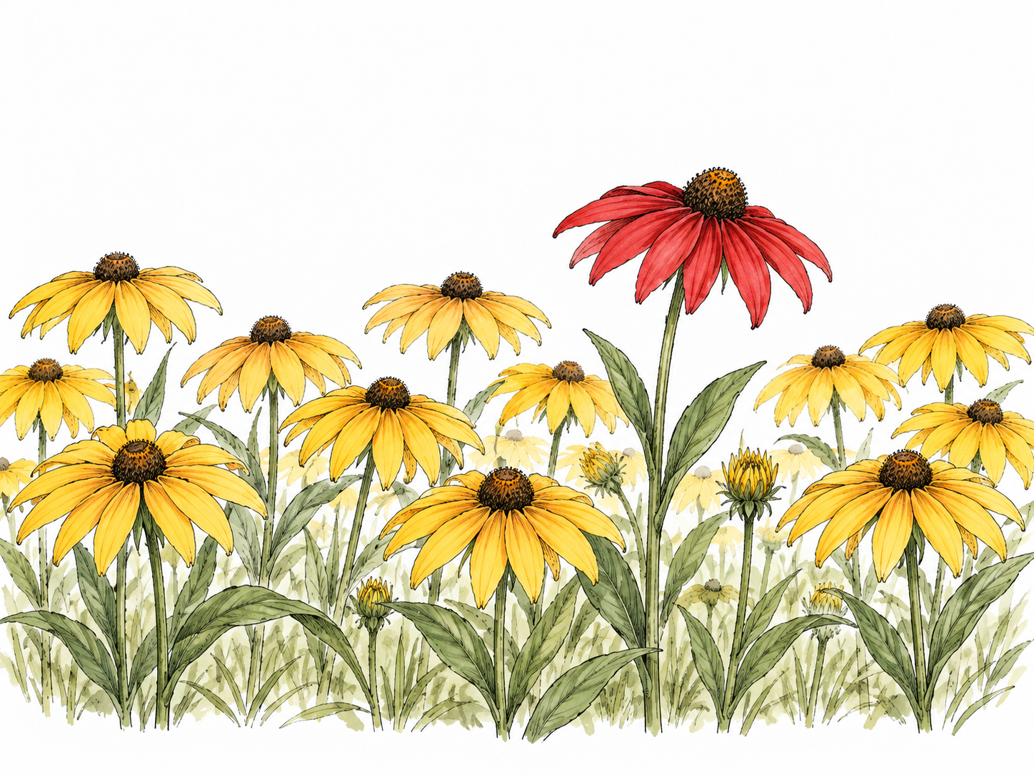 One red flower grows among a field of otherwise yellow flowers.