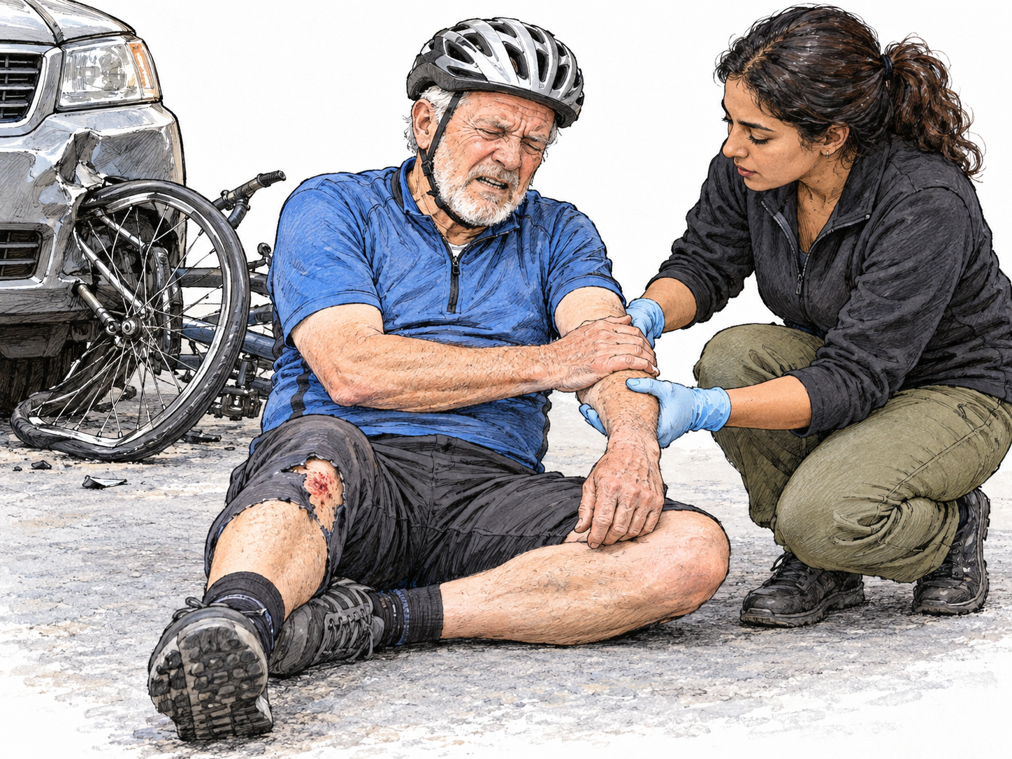 An injured cyclist sits beside his fallen bicycle where a car has struck it; a first responder kneels beside him supporting his injured arm.