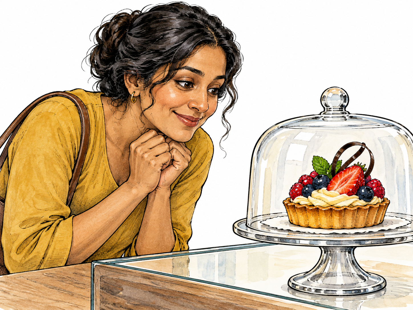 A beautifully crafted pastry in a bakery display attracts an adult who leans closer in delighted temptation; spare counter only.