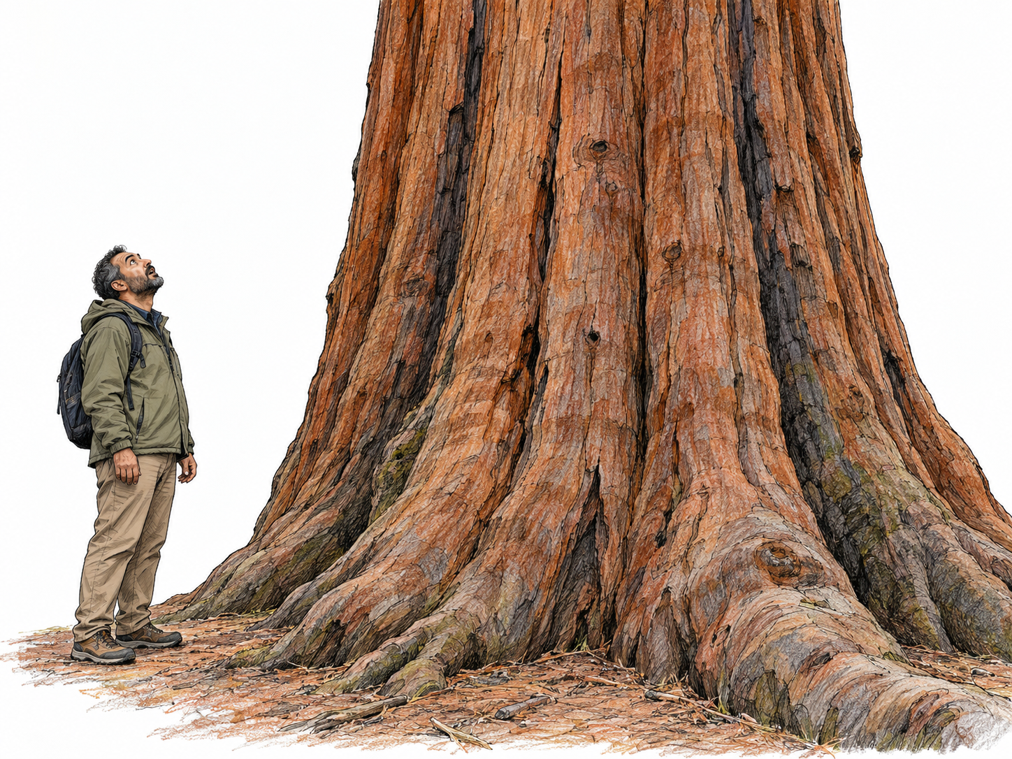 A lone visitor stands at the base of a towering ancient redwood, looking upward with widened eyes, parted lips and a still, slightly drawn-back posture that conveys wonder mingled with reverence and a little fear.