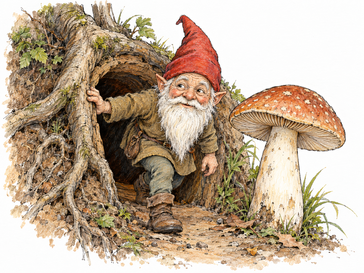 A tiny living, white-bearded gnome emerges from a snug earthen doorway beneath tree roots.