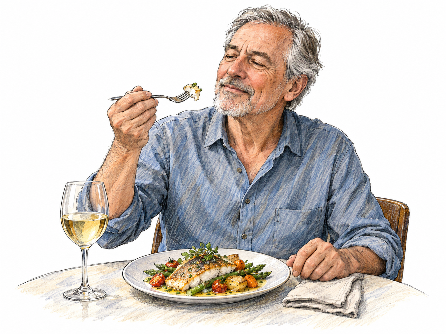 An older gourmet thoughtfully savors a small forkful of an elegantly prepared meal, with a glass of wine nearby, conveying both enjoyment and discerning attention to fine food and drink.