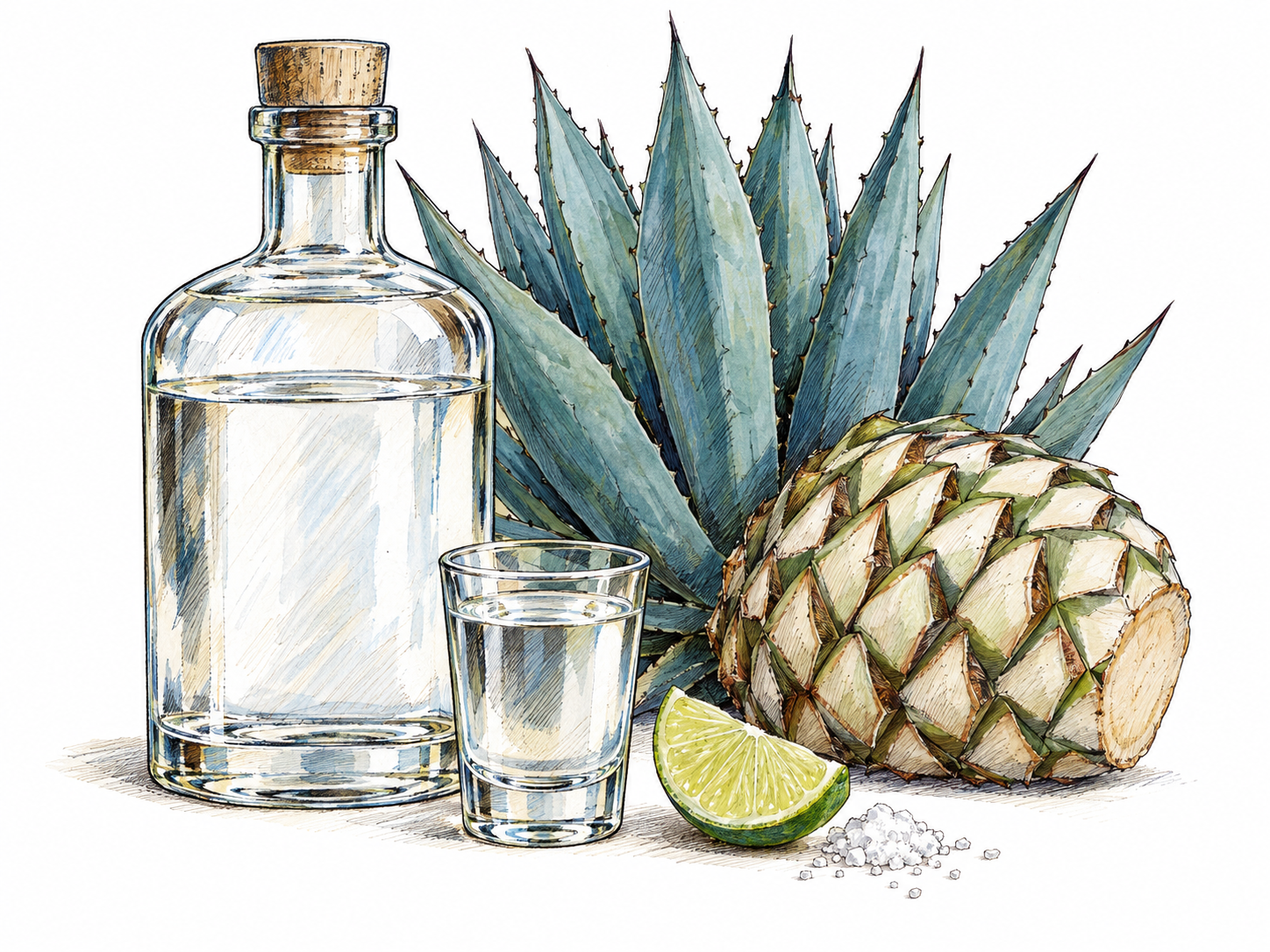 A clear liquor bottle and a small filled shot glass beside a lime wedge and coarse salt, with a recognizable blue agave rosette and trimmed agave heart linking the spirit to its plant source.