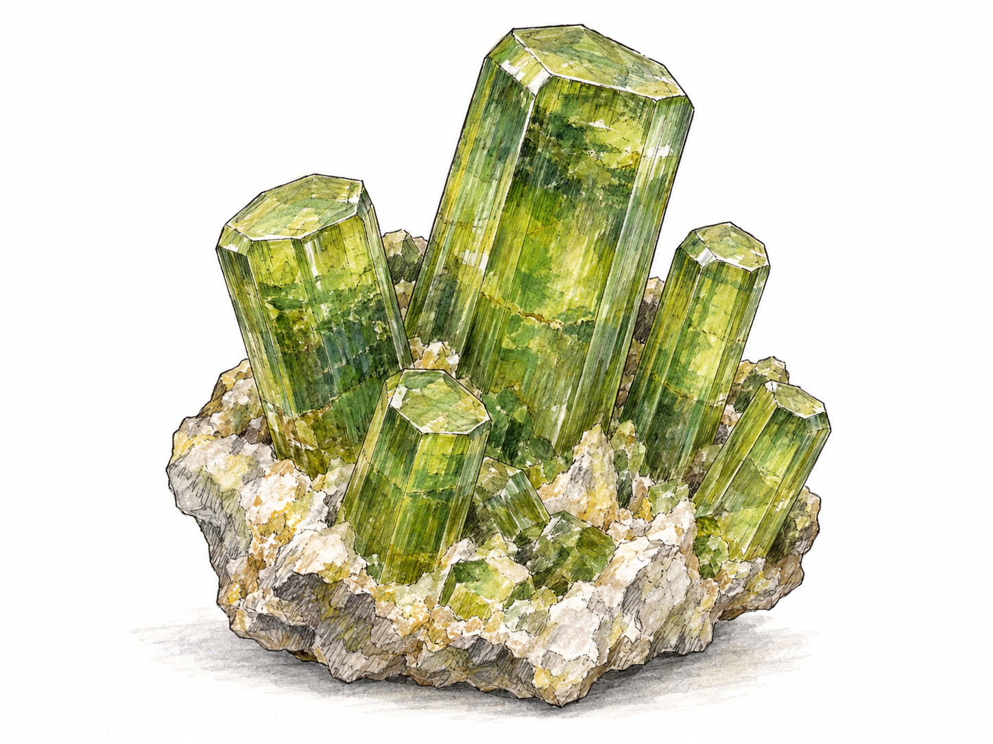 A close mineral-specimen study of green apatite: translucent hexagonal prismatic crystals with clearly drawn terminations emerging from a small piece of pale rocky matrix.