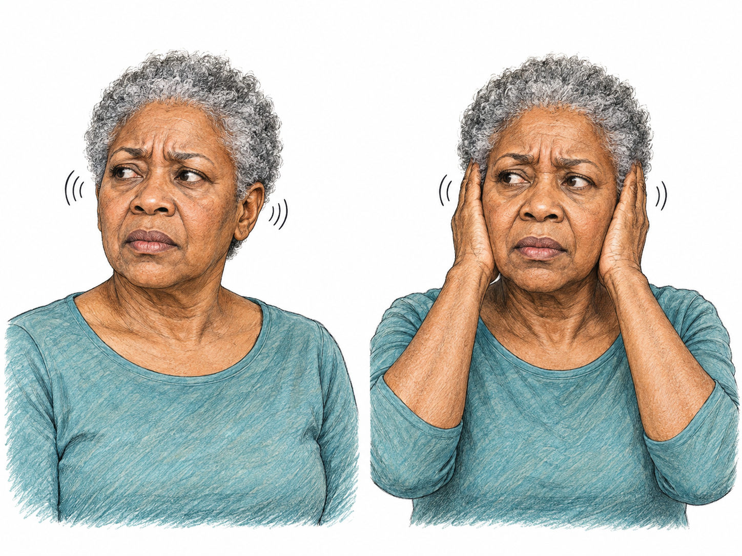 Tinnitus shown as ear-localized ringing that persists when outside sound is blocked: a compact two-view sequence of the same woman in a quiet setting, first listening uneasily and then covering both ears, with identical fine ringing arcs localized immediately at her ears.