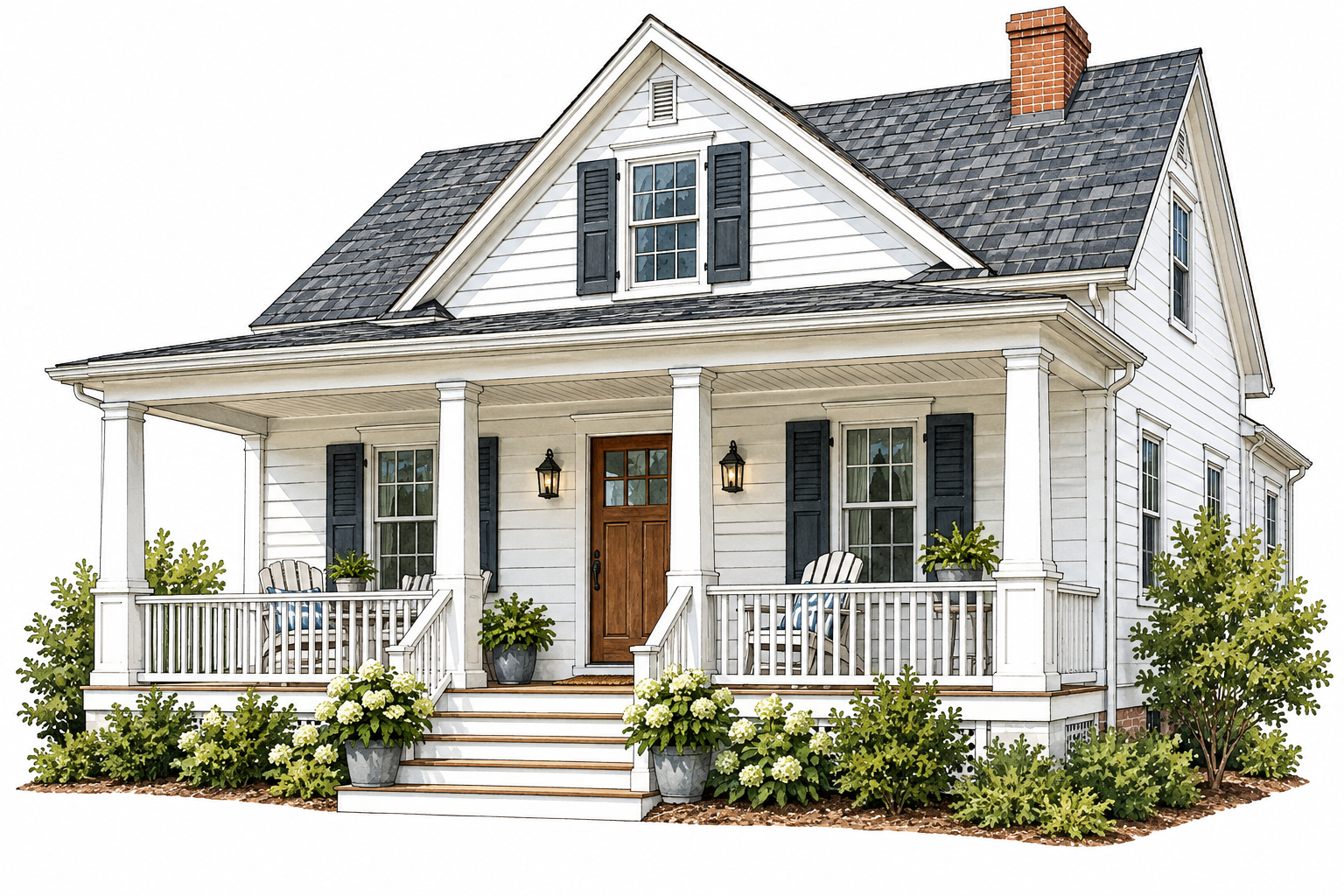 White wooden house with covered front porch, columns roof steps and chairs, clearly attached to entrance.