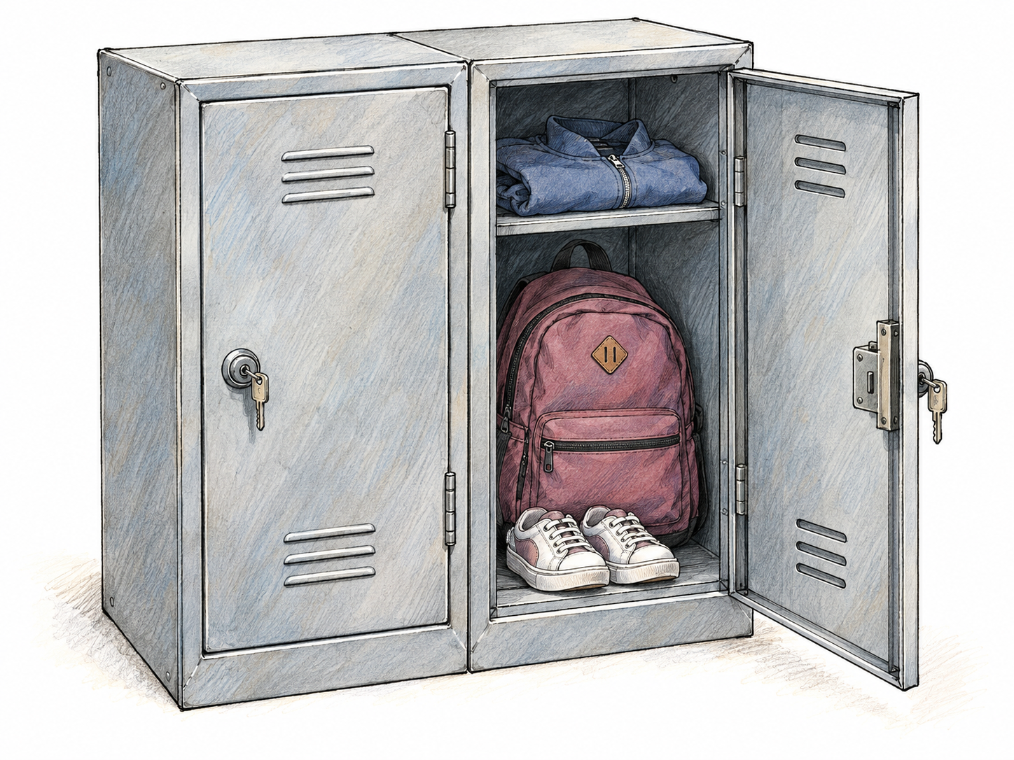 An open metal locker containing a backpack, folded jacket and shoes, with a clearly visible keyed lock in its door.