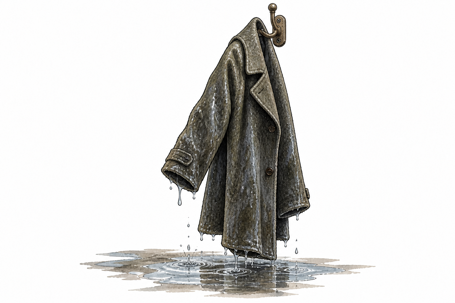 A rain-soaked wool coat dripping heavily into a puddle, dark saturated fabric hangs from hook.