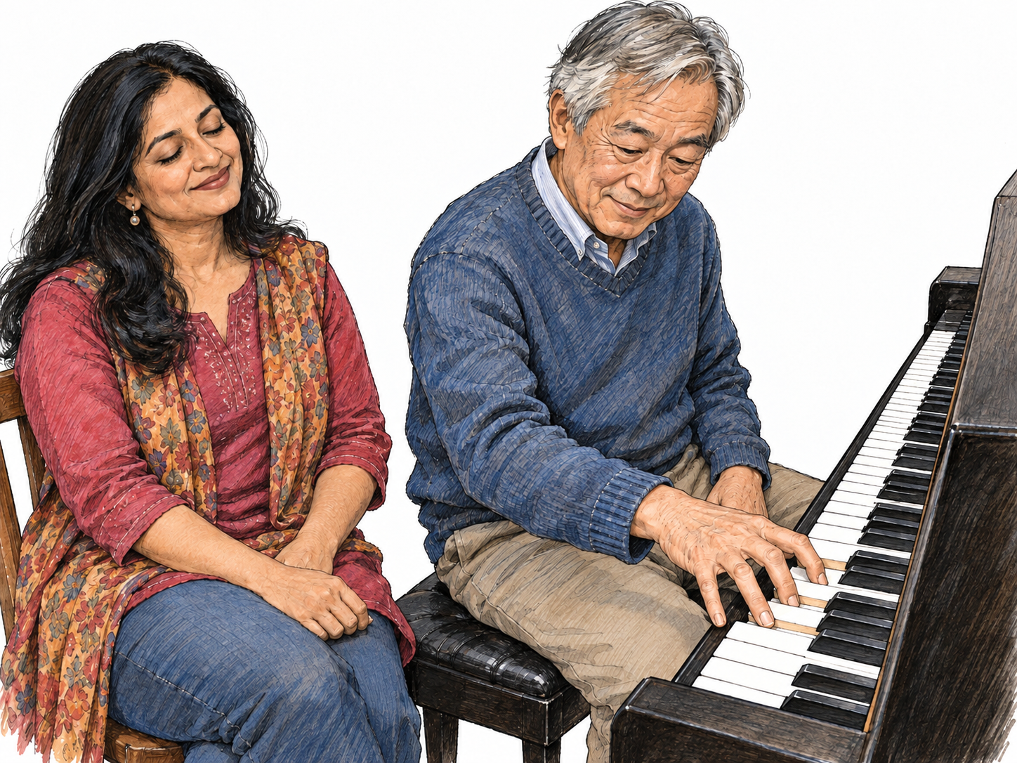 A pianist sounds a visible three-note chord while a nearby listener responds with quiet pleasure, linking simultaneous musical tones to an agreeable combined sound.