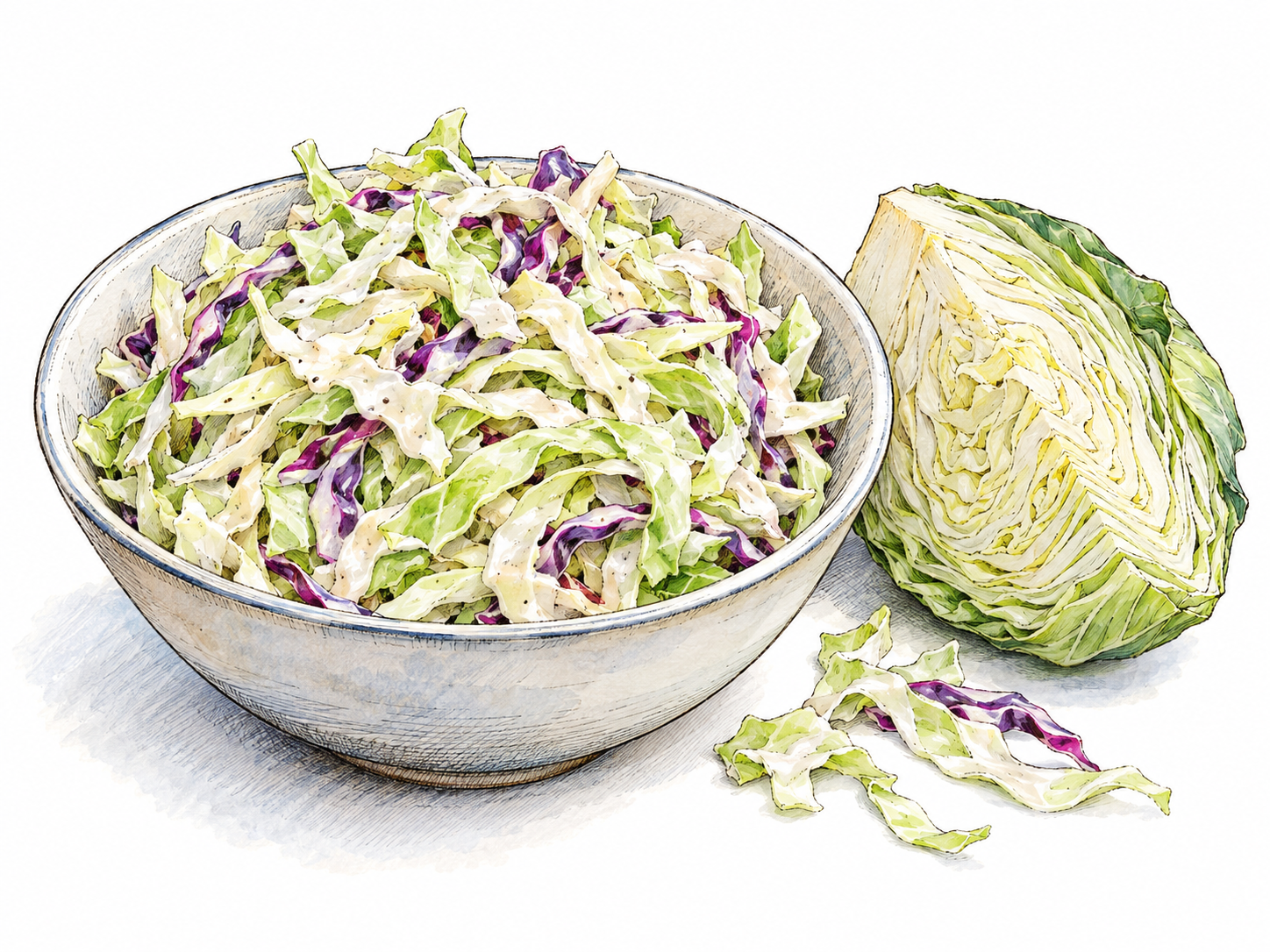 A shallow bowl of slaw with clearly visible thin cabbage shreds coated in creamy dressing, beside a small cut cabbage wedge that makes the main ingredient recognizable.