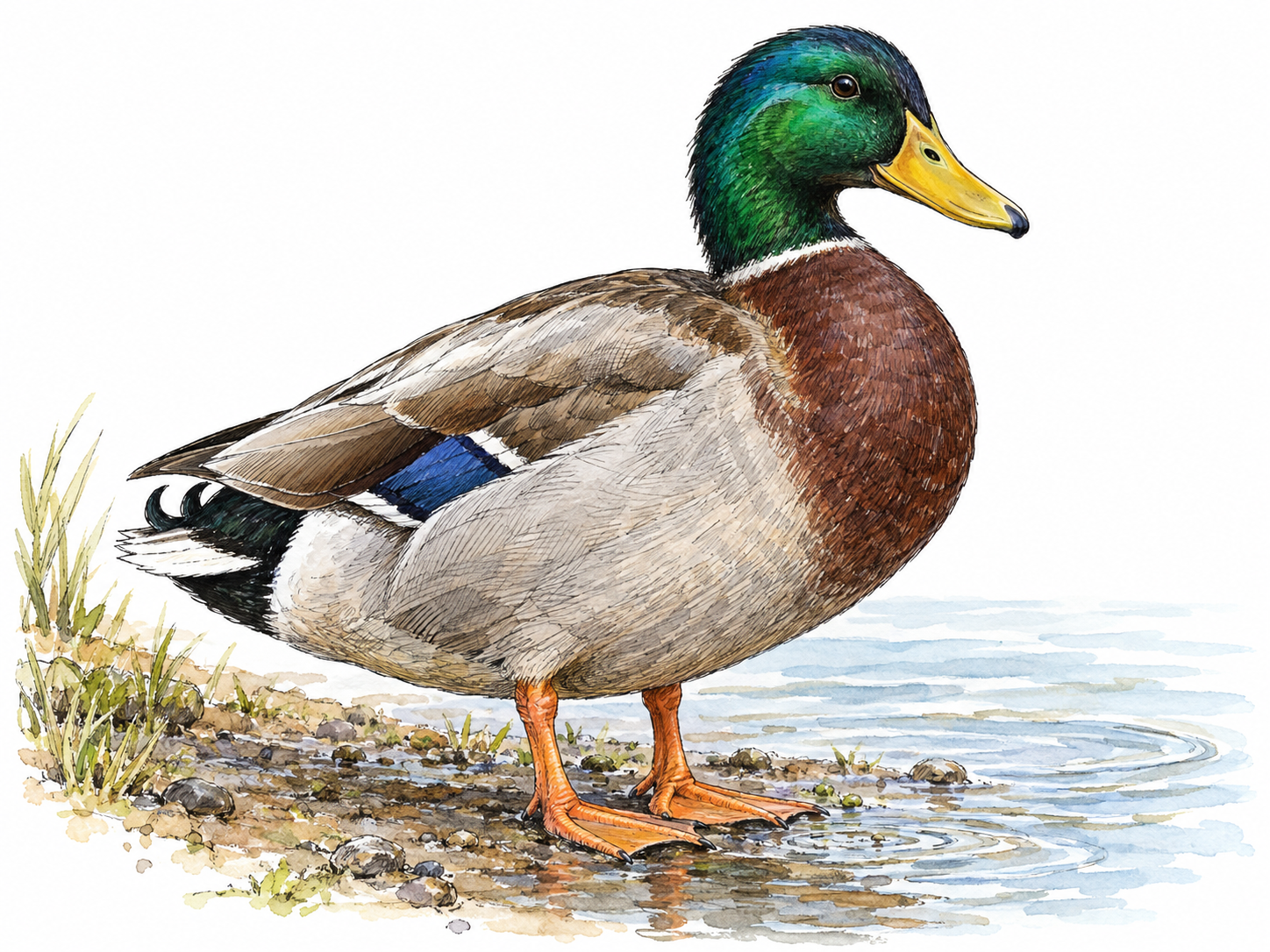 A single mallard duck standing at the edge of shallow water, with its broad bill, short legs, and both webbed feet clearly visible.