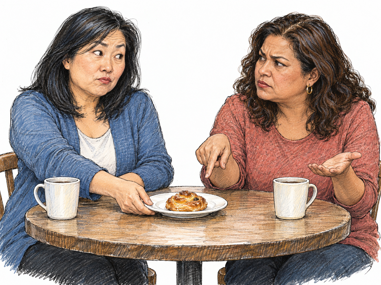 Two middle-aged friends sharing a café table have a mildly irritated disagreement over the last pastry: one draws the plate toward herself while the other points at it with a small, indignant gesture.