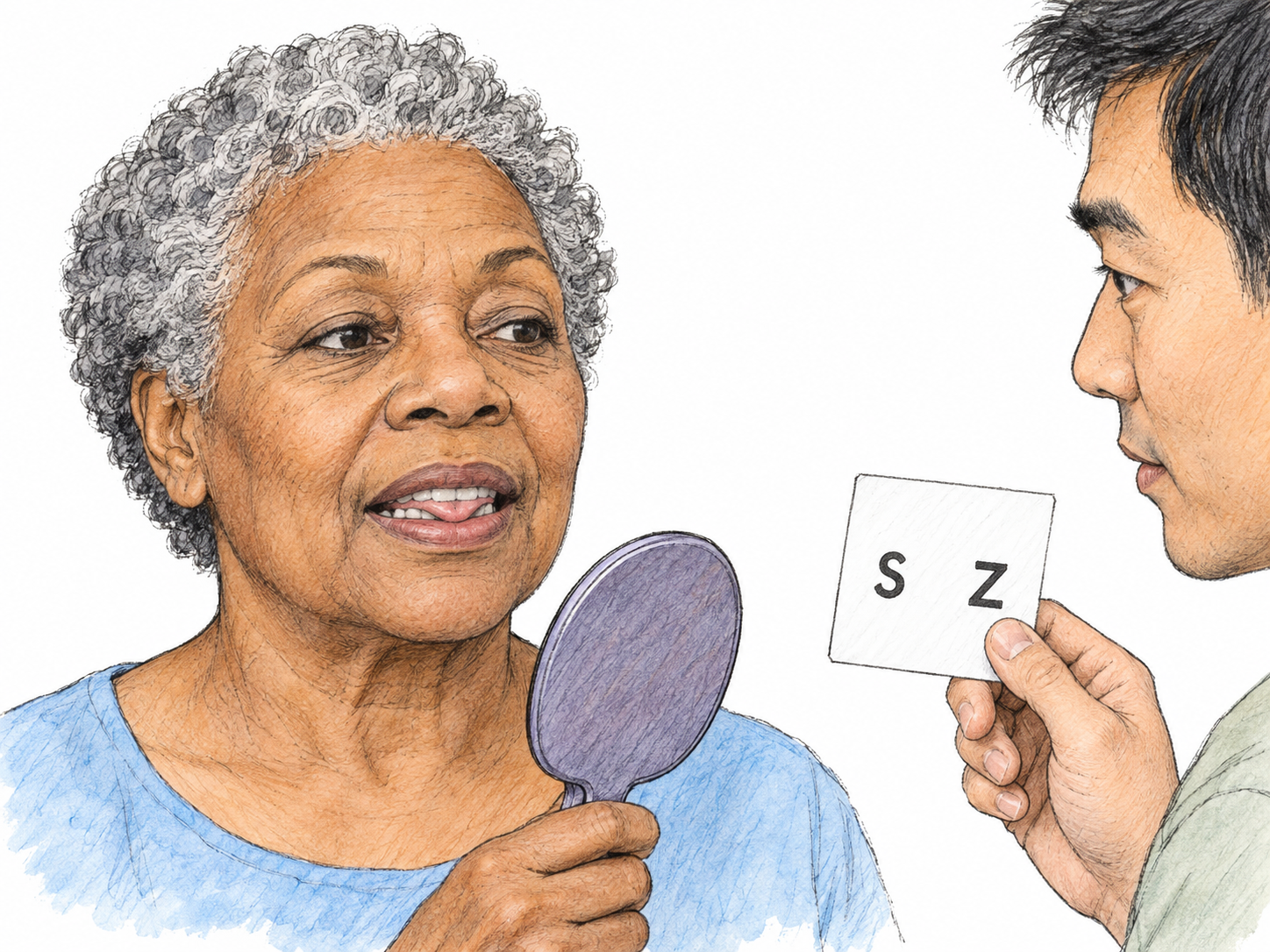 A tightly focused articulation exercise showing an older woman's interdental tongue placement while attempting the sibilants on a practice card.