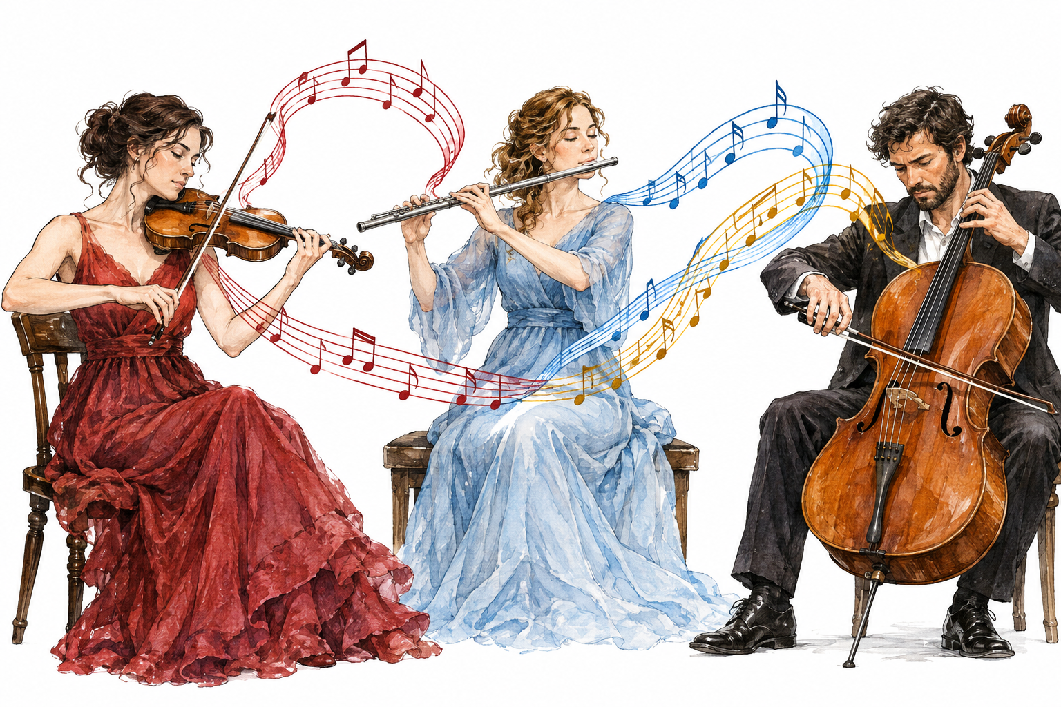 Three musicians violin flute and cello play independent intertwining melodies, three distinct colored musical ribbons weave together without merging.
