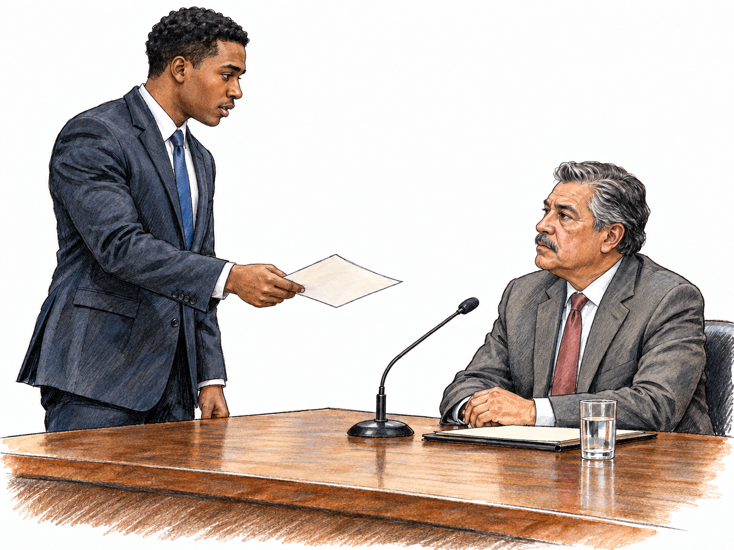 At a spare legislative hearing table, a young legislator formally presents a charge document concerning an older public official seated opposite him.