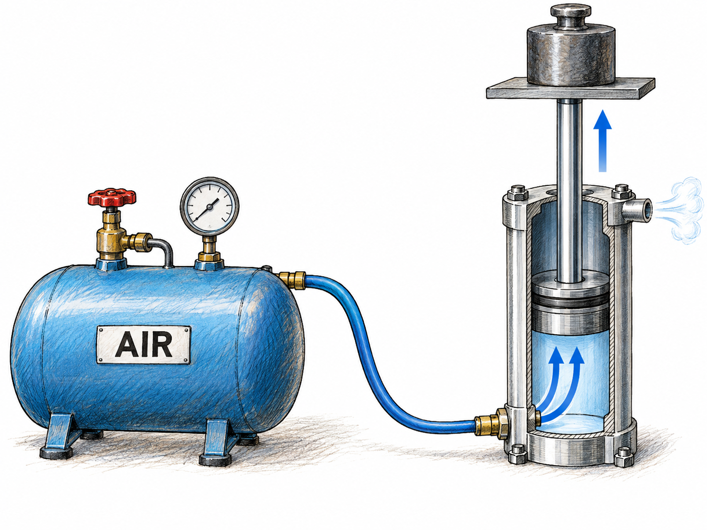 A compressed-air tank drives a pneumatic cylinder that lifts a small weight.