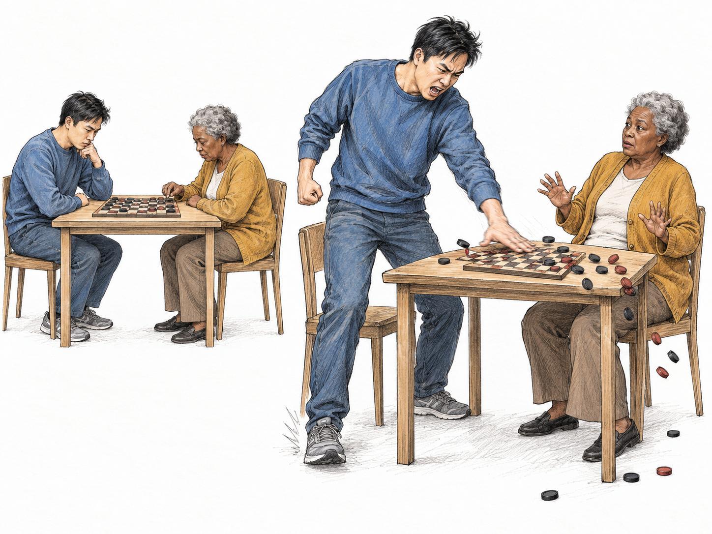 A young adult erupts into a childish tantrum during a board game, contrasting sharply with his composed opponent.