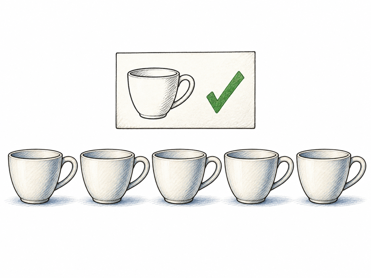 A row of five matching well-formed cups represents the usual expected shape, with a simple check on a reference outline; no person judged normal or abnormal.