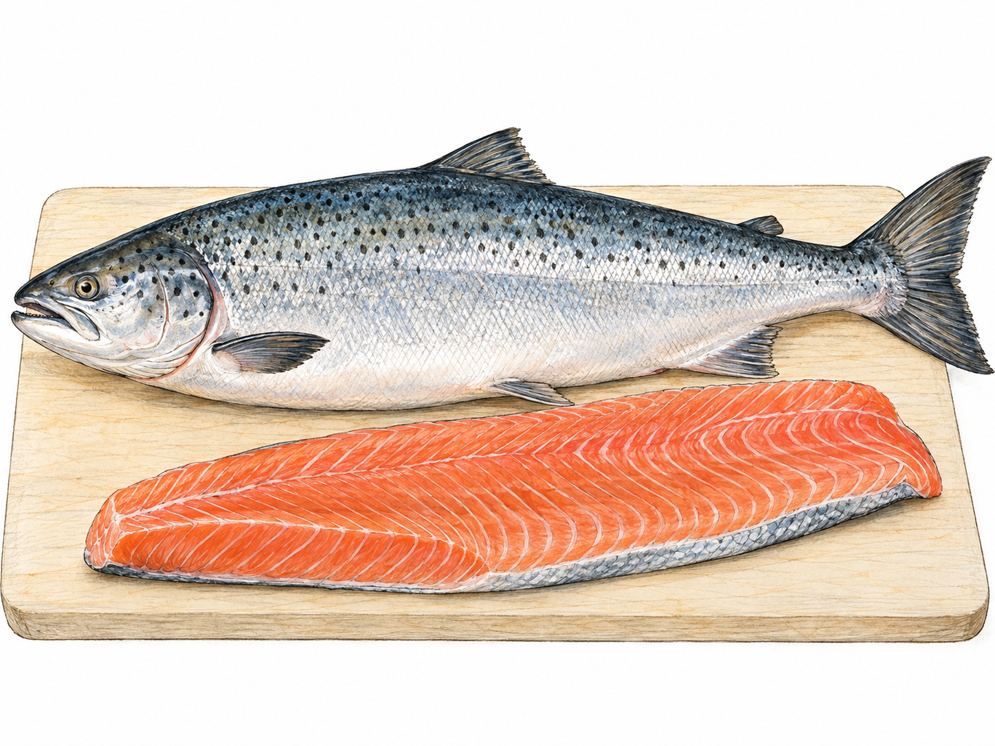 A whole salmon beside a thick salmon fillet, pairing the recognizable fish with its characteristic pink flesh.