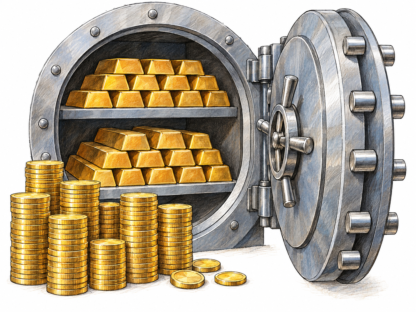 An open secure vault containing a substantial, orderly store of gold bars and gold coins, visibly conveying accumulated valuable resources rather than a small personal saving.