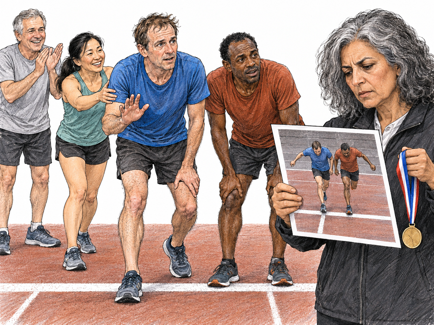 A putative race winner: spectators converge on one runner as the apparent victor while an official still examines an extremely close finish photograph.
