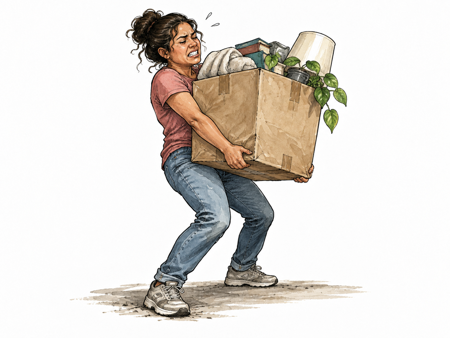 Latina mover struggles with an overfilled heavy box, strained posture without injury.