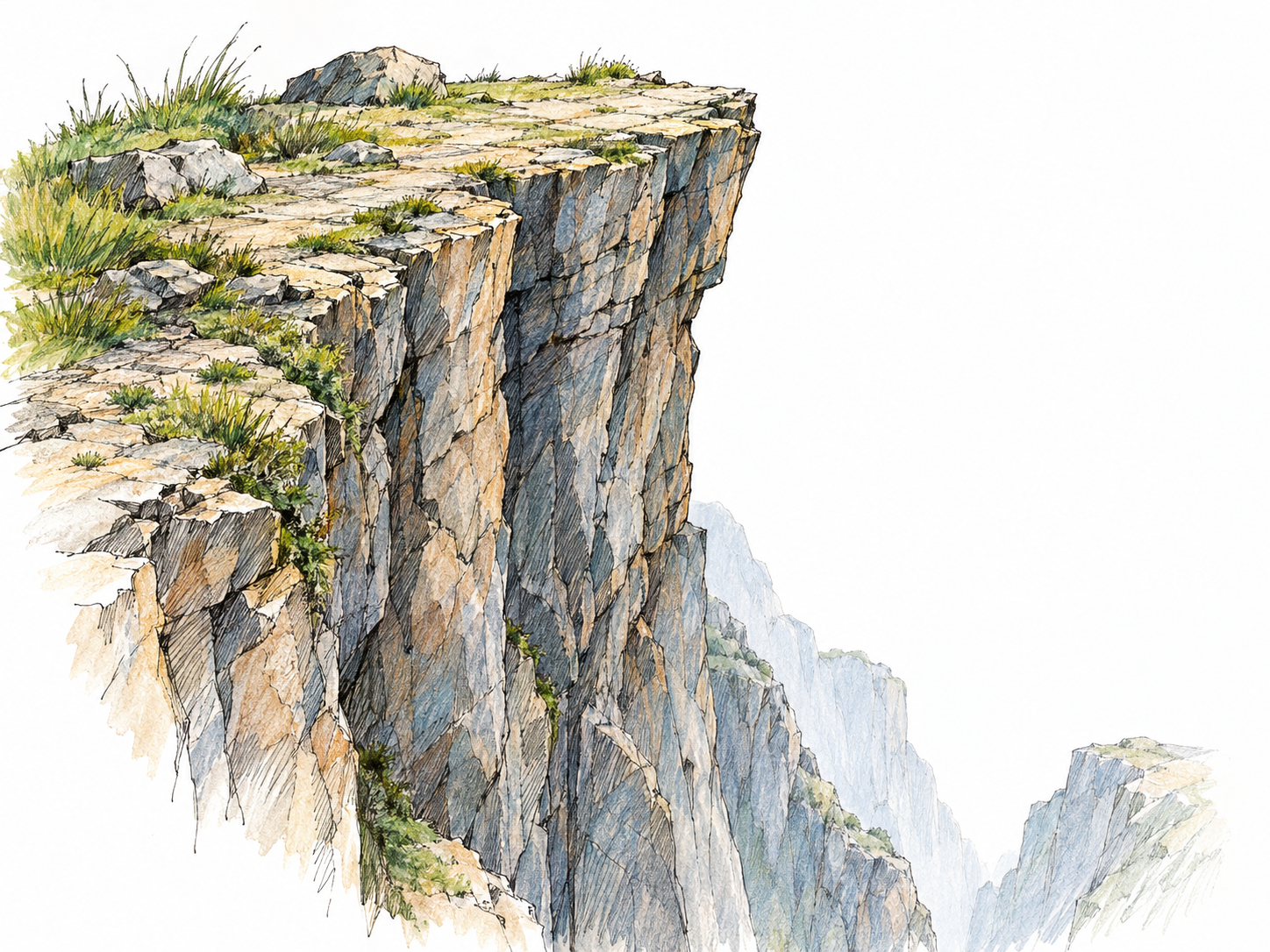 An isolated rocky cliff lip drops almost vertically into a deep ravine, making the steep, dangerous edge unmistakable without any people.
