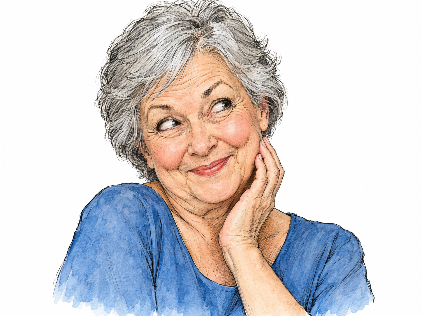 A close-up of an older woman making an exaggeratedly coy, self-conscious smile: lips pressed into a small artificial grin, chin tucked, eyes glancing sideways, and fingertips lightly touching her cheek.