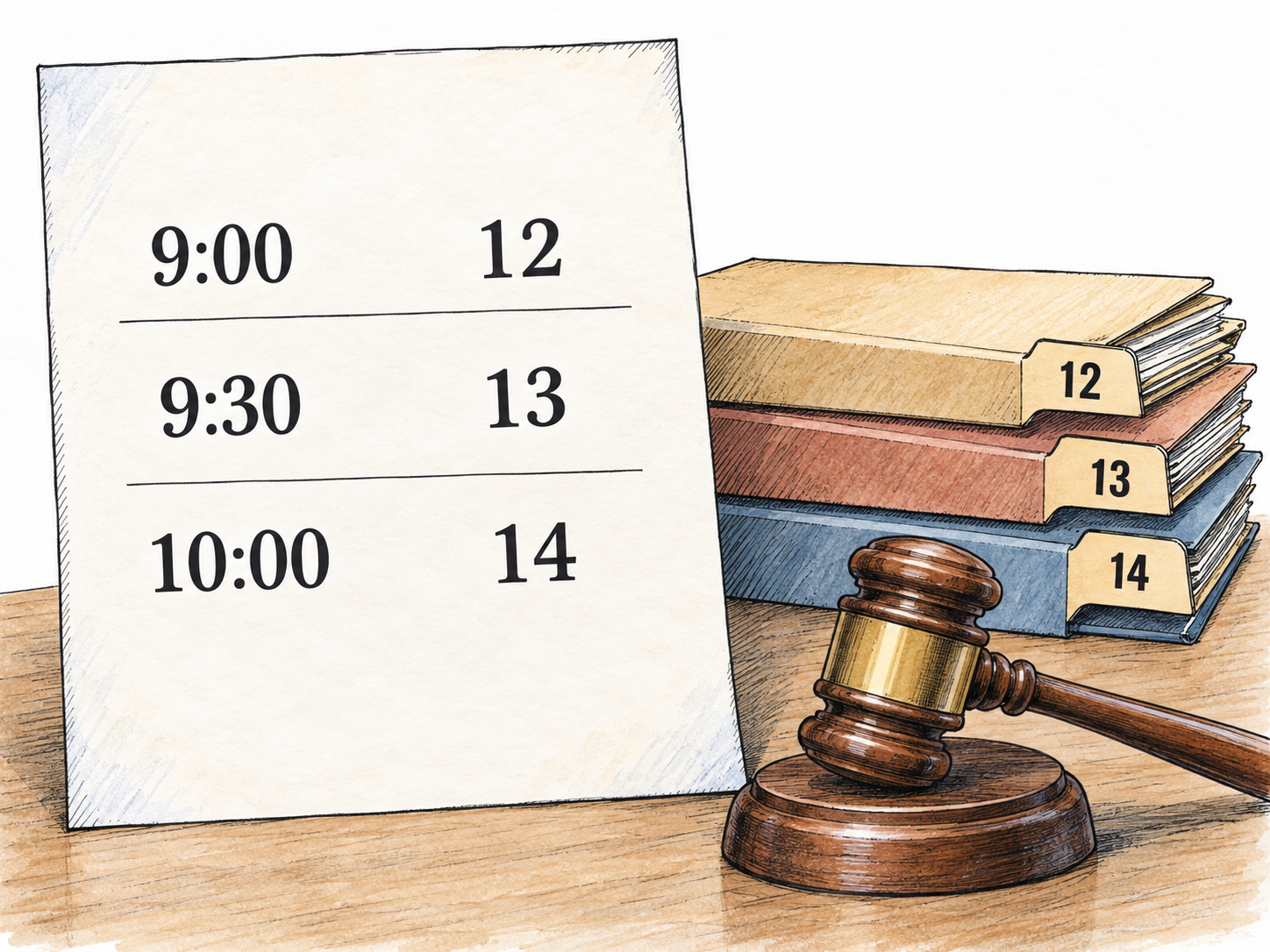 A court docket shown as a short, time-ordered list of case numbers, with matching numbered case folders and a judge’s gavel establishing the legal context.