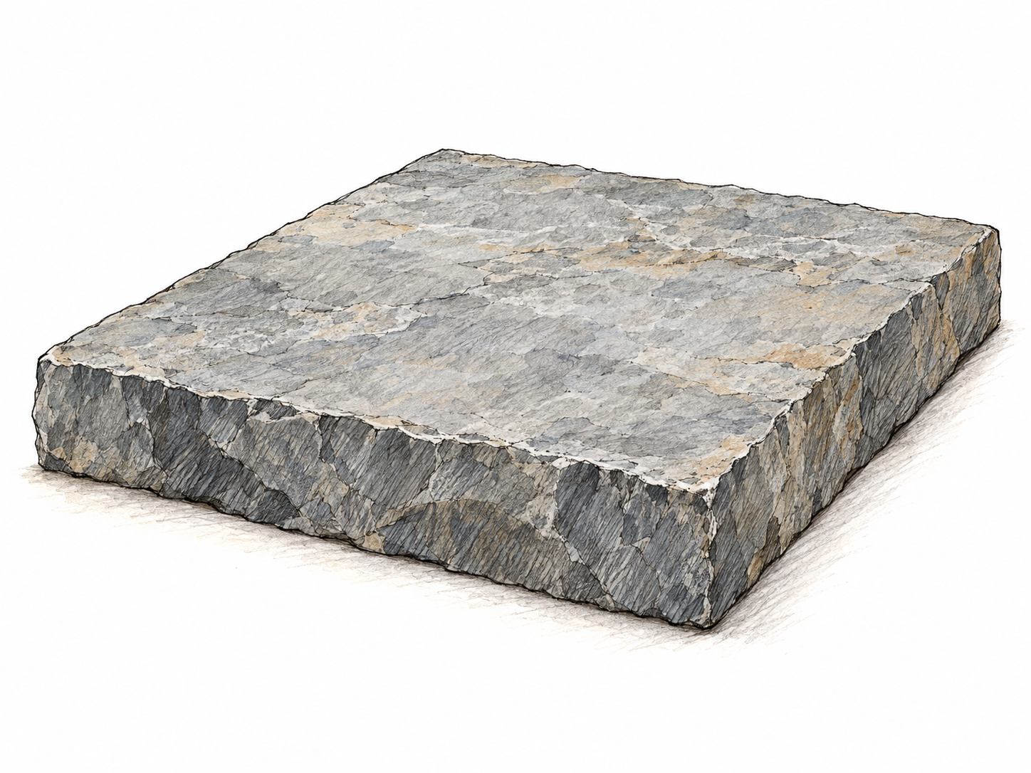 A single thick rectangular stone slab shown in three-quarter view, with a broad flat top and clearly visible thick front and side edges.