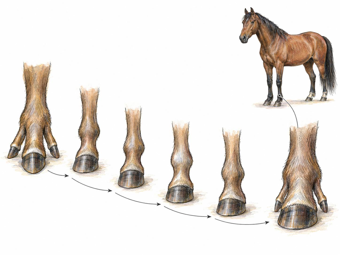 An ancestral multi-toed foot disappears through a long succession of single-hoofed equids, then small side toes reappear on a modern horse.