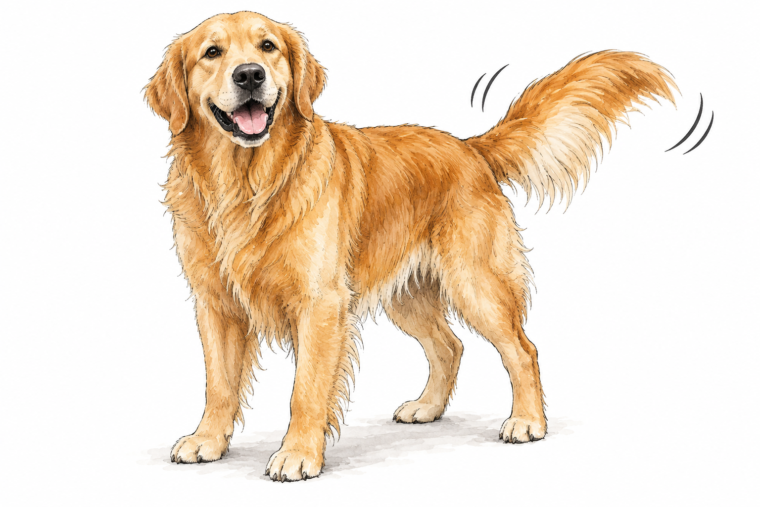 Happy golden retriever wags tail side to side, restrained curved motion marks show repeated movement.