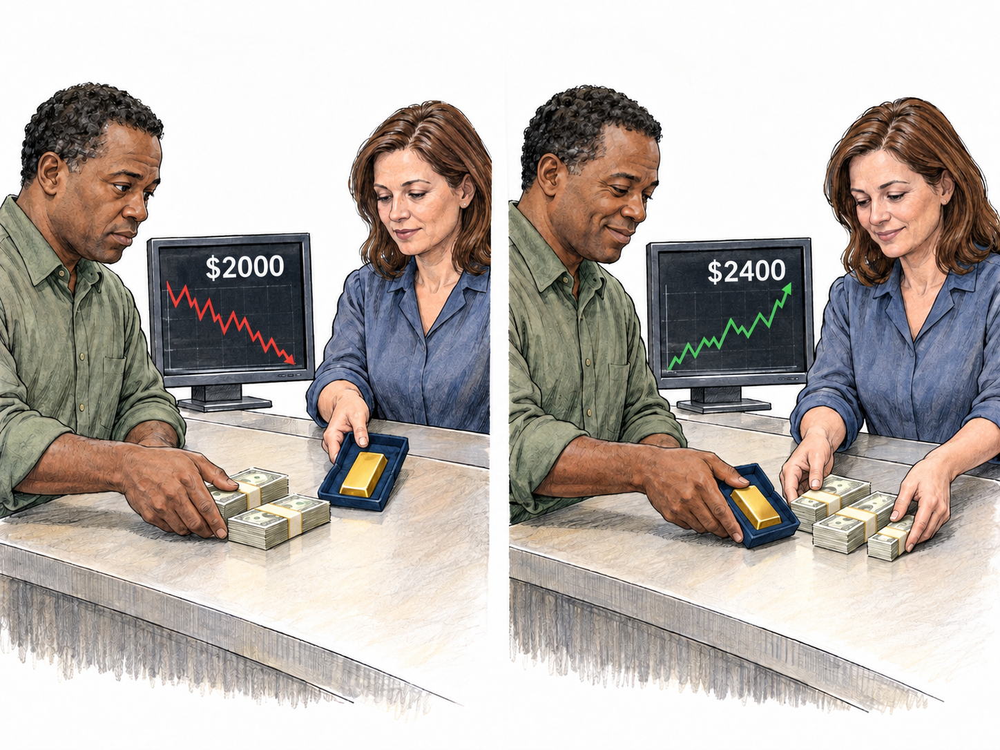 A compact two-moment comparison shows the same man buying a gold bar during a volatile price dip and selling it after a sharp rise for visibly more money.
