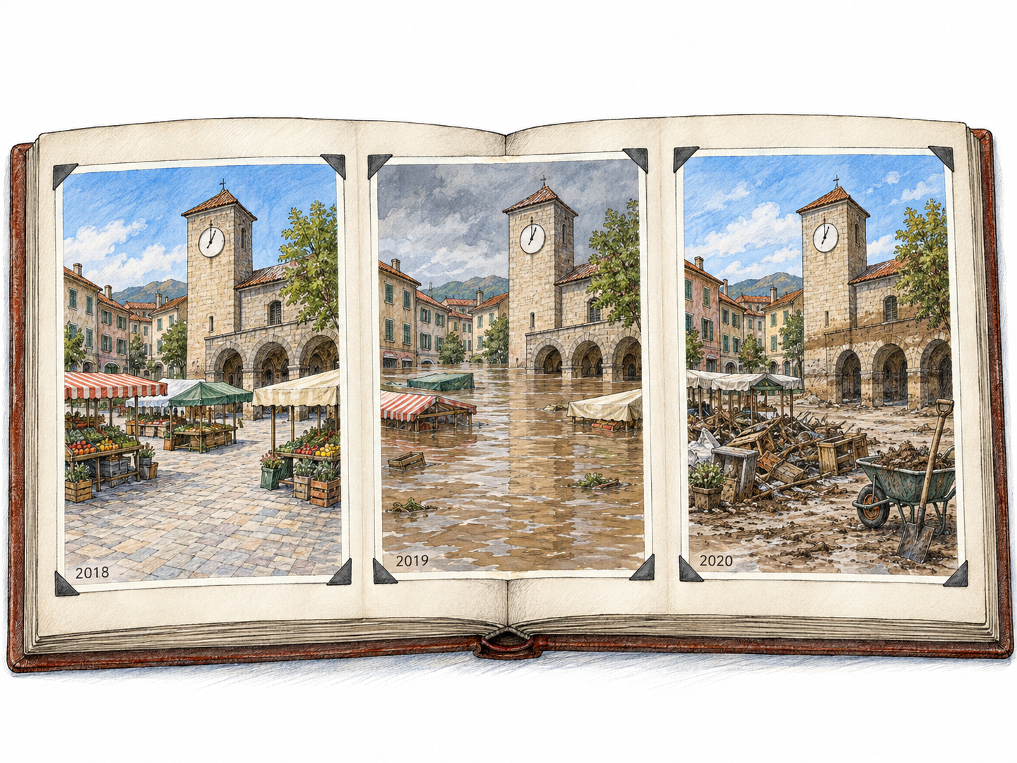 An open documentary album chronicles a town square before, during, and after a flood.