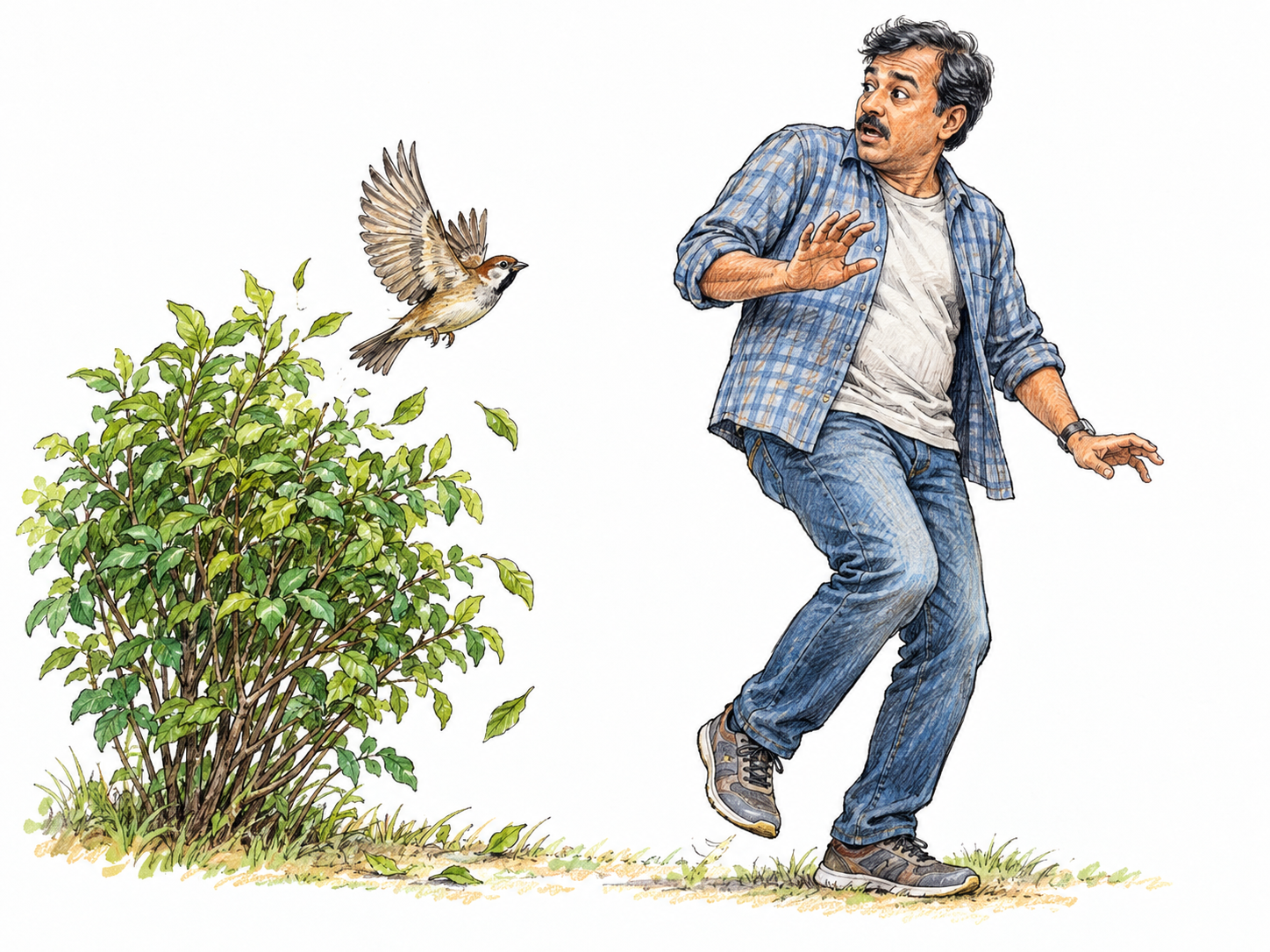 A middle-aged South Asian man recoils in surprise as a small bird suddenly bursts from a nearby shrub, capturing an unexpected event at the instant it happens.