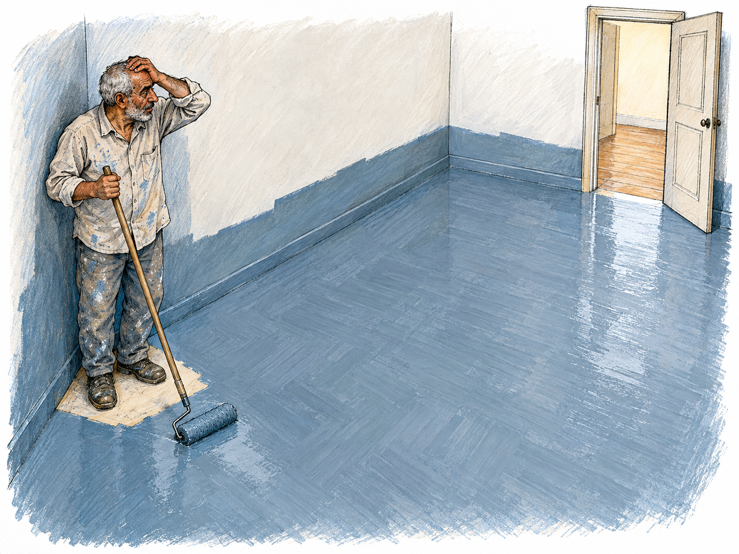 An obvious foolish mistake: a home painter has painted himself into a corner, leaving wet floor paint between himself and the exit.