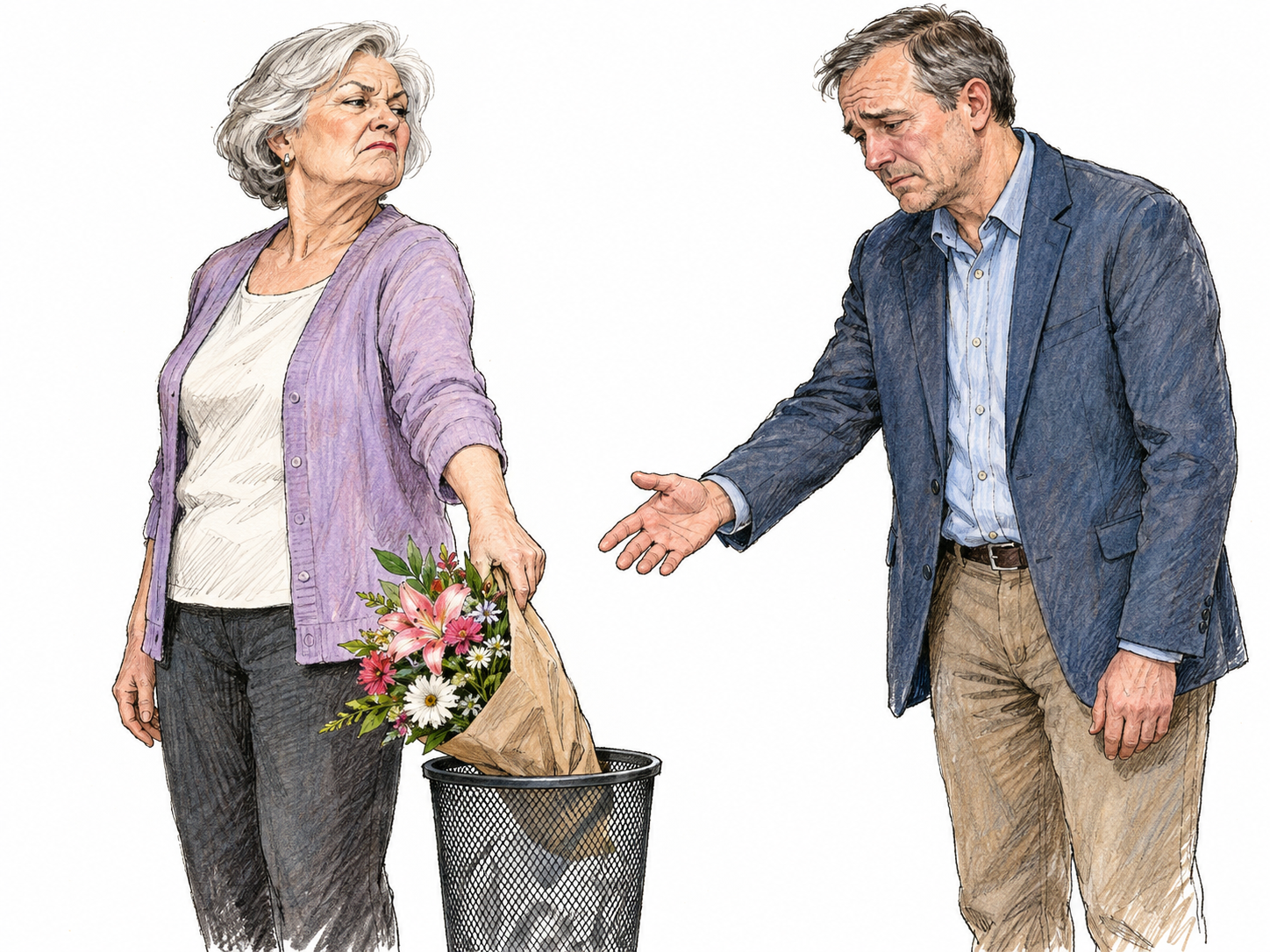 An older woman contemptuously drops a man's offered bouquet into a wastebasket while looking directly at him with a sneer; his outstretched hand and wounded expression make the humiliating treatment visible.
