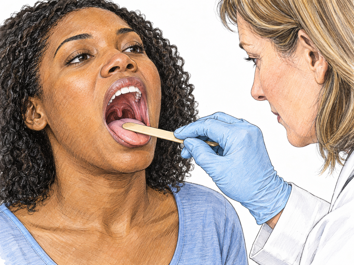 A clinician uses a wooden tongue depressor to press a patient's tongue down during an oral examination, visibly demonstrating an instrument that lowers something.