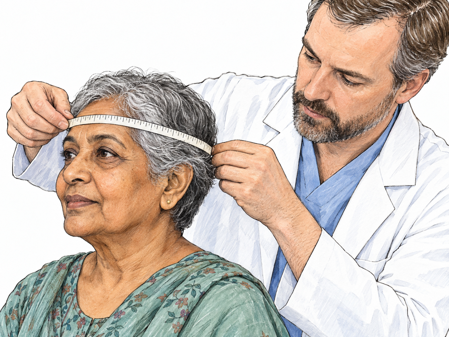 A clinician measures an adult patient's head circumference, making the head the clear focus of a medical assessment.