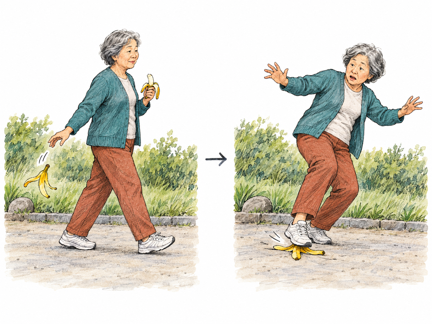 A clear two-panel sequence shows a woman tossing a banana peel onto a path, then slipping on that same peel when she returns along the path: a harmful action brings a fitting later consequence.