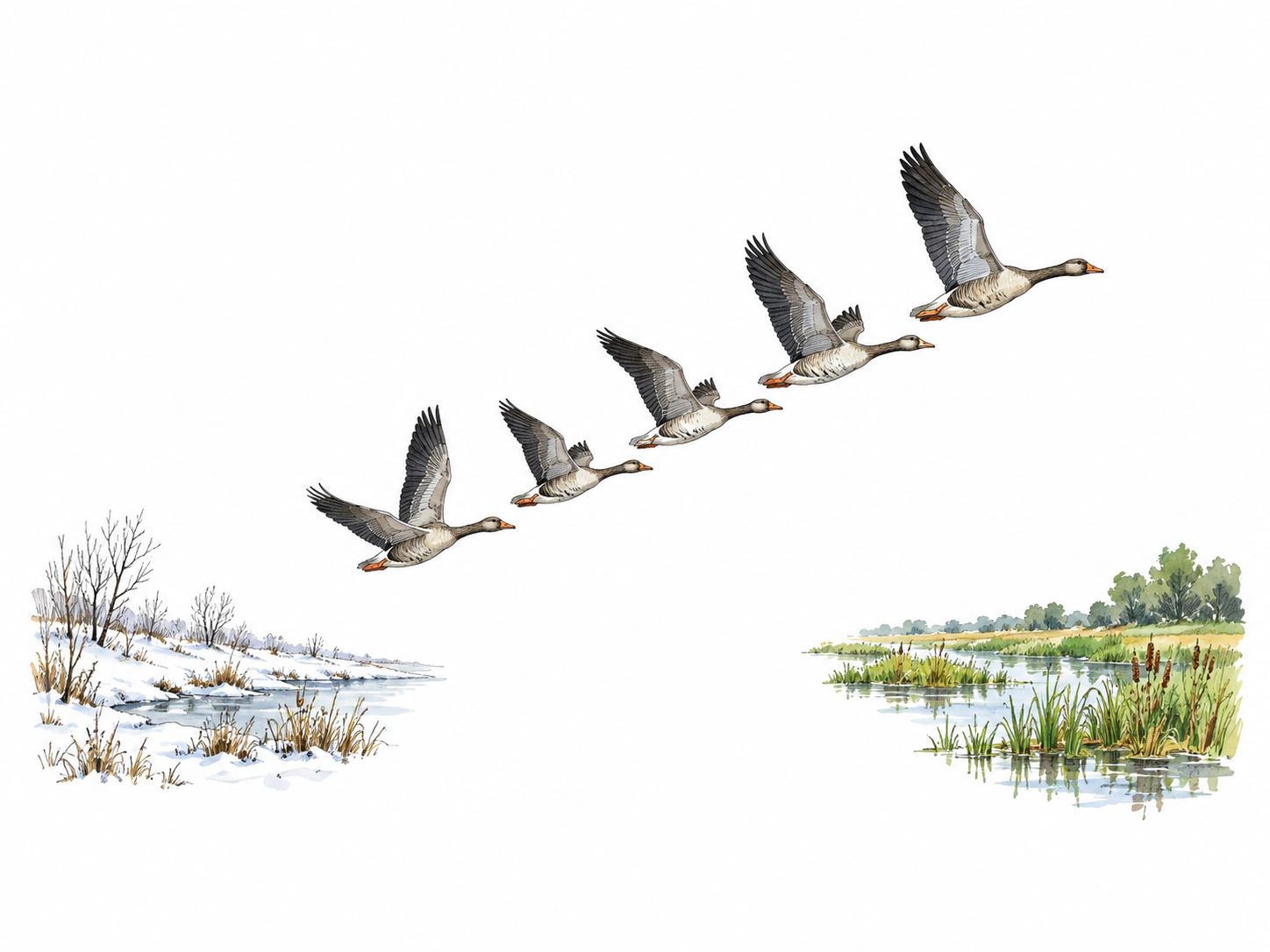 A small flock of five geese flies in a clear directional V from a tiny snowy wetland fragment toward a green wetland fragment, two small habitat patches separated by white space.