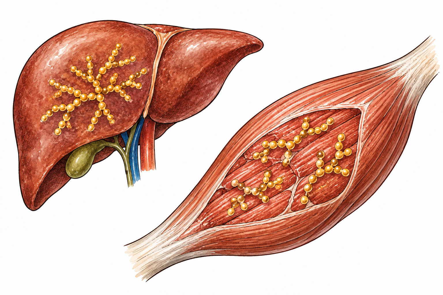 Natural editorial medical illustration of liver and muscle with small branched chains of connected gold beads inside showing stored carbohydrate, no letters or captions.