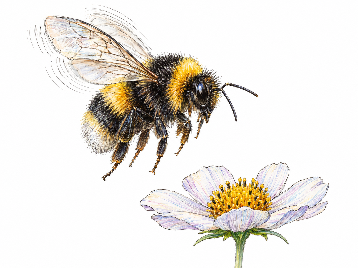 A close view of a hovering bumblebee, its rapidly vibrating wings indicated by fine repeated ink strokes, making the familiar insect hum the focal association.