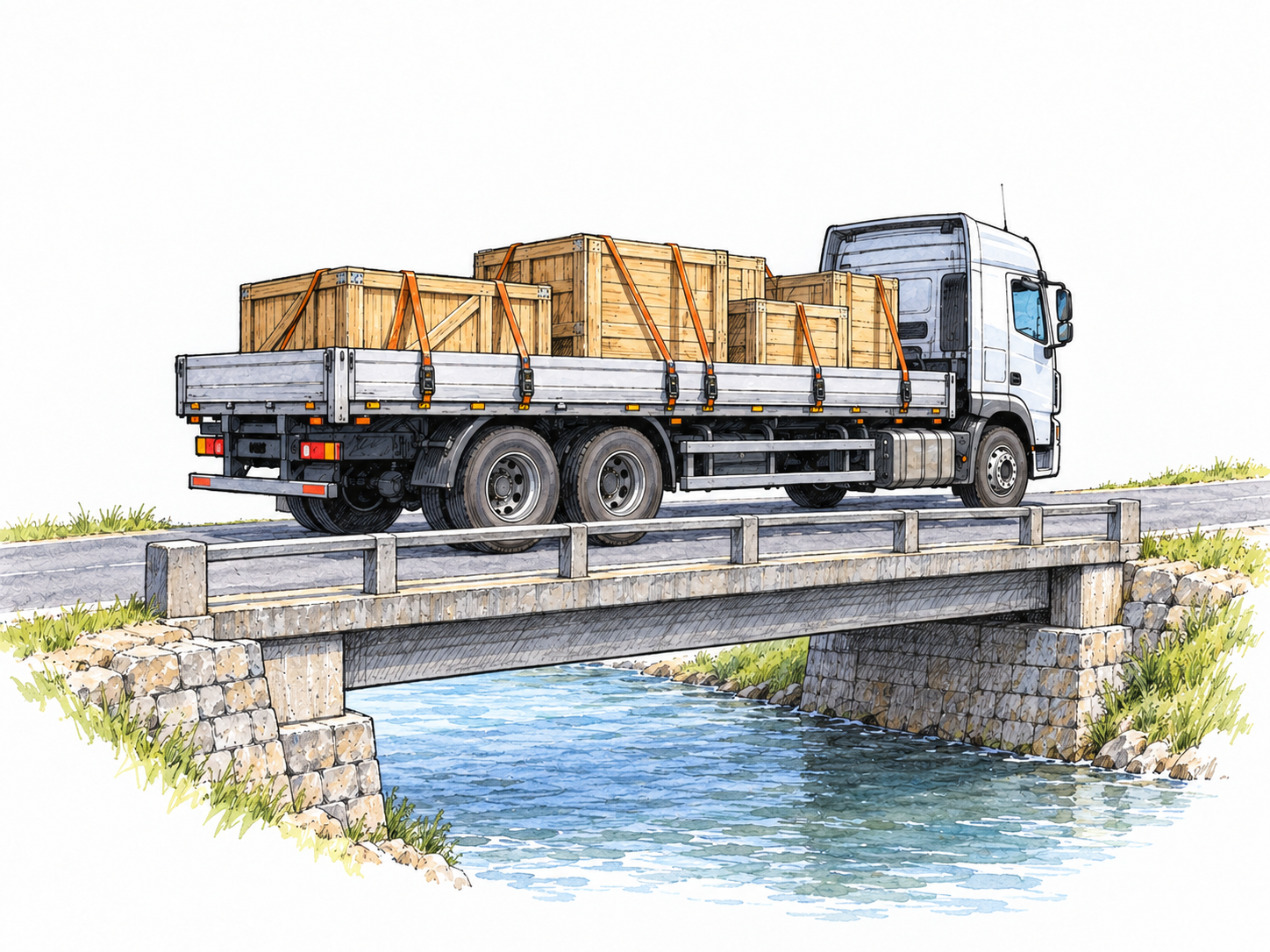 A loaded freight truck crossing a short bridge, visibly carrying secured crates from one side of a river to the other.