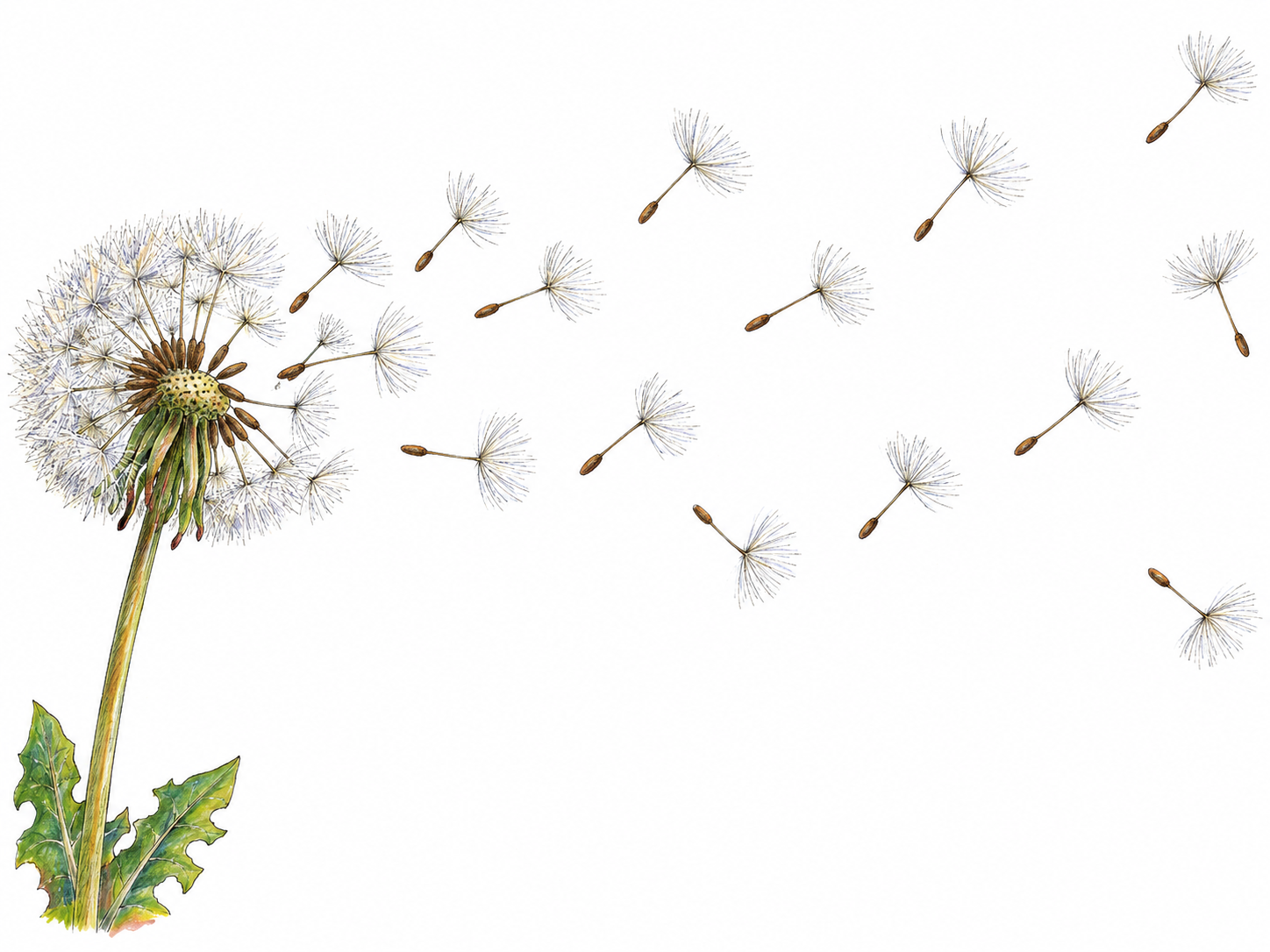 Windborne dandelion seeds spread from one partly bare seed head across a wide open area, with increasing separation making dispersion visible.