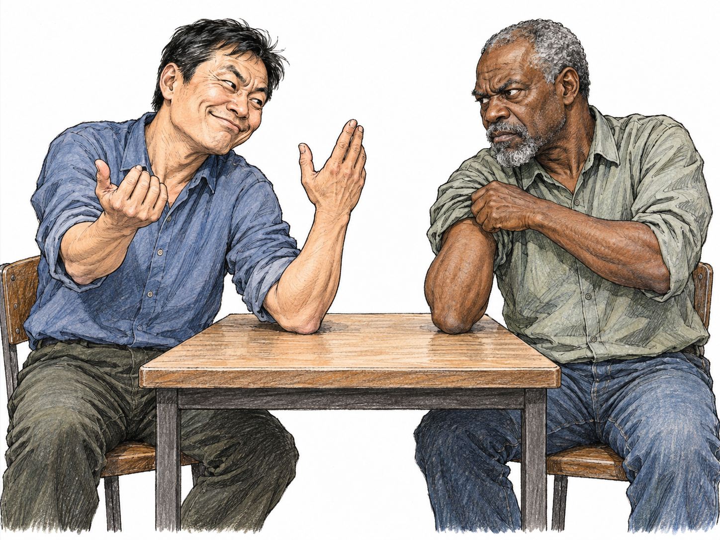 At an arm-wrestling table, a smug man provocatively beckons a reluctant opponent, who scowls and rolls up his sleeve to accept the challenge.