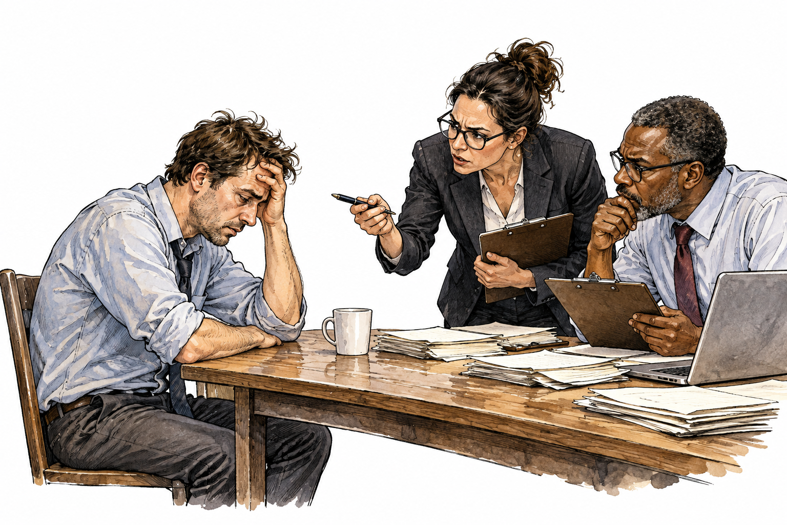 A tired adult faces prolonged questioning across a desk by two persistent questioners, no violence or restraint.