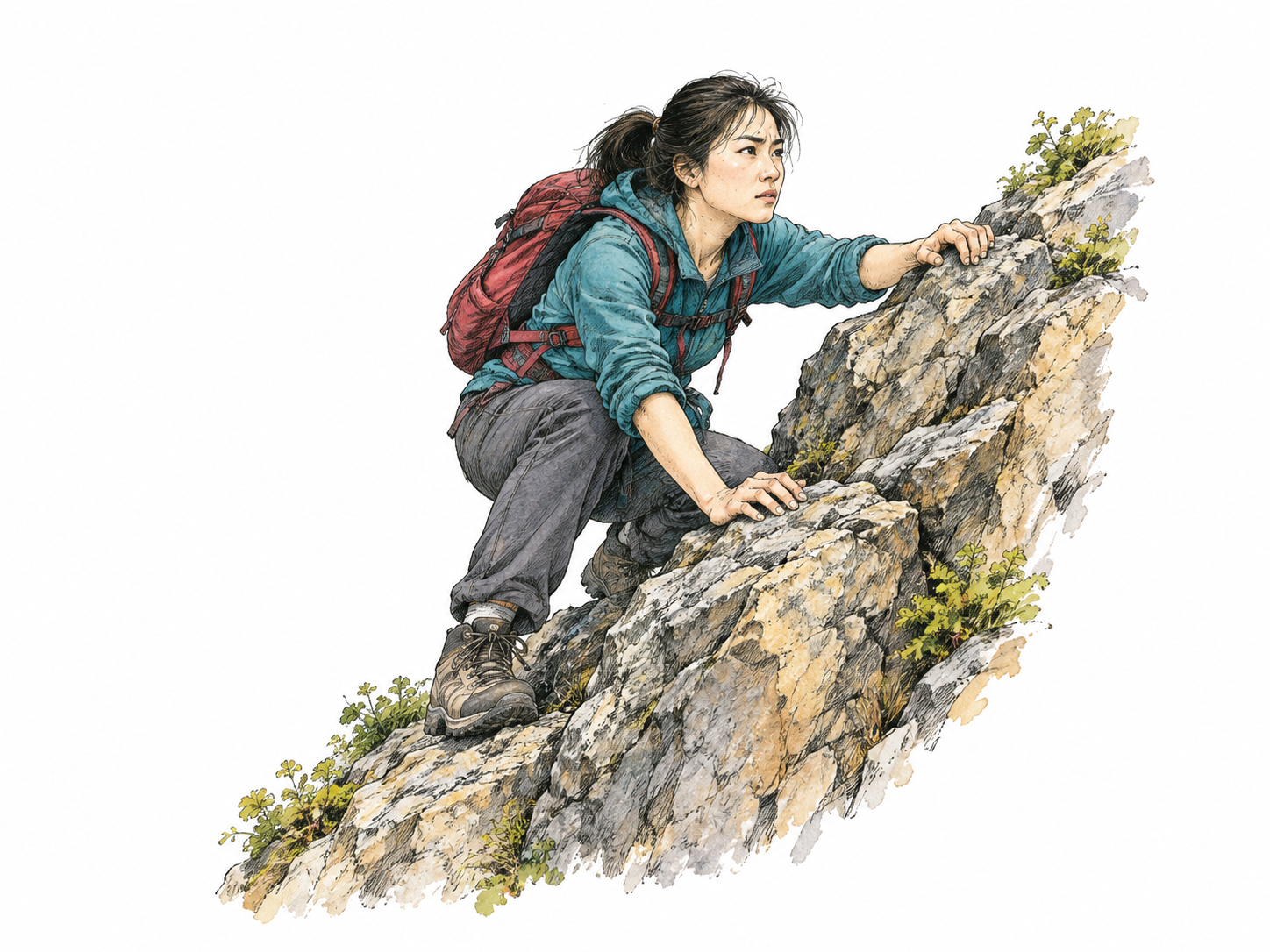 Climber makes strenuous determined effort up steep rocky path, hands gripping secure rock, no dangerous unsupported equipment.