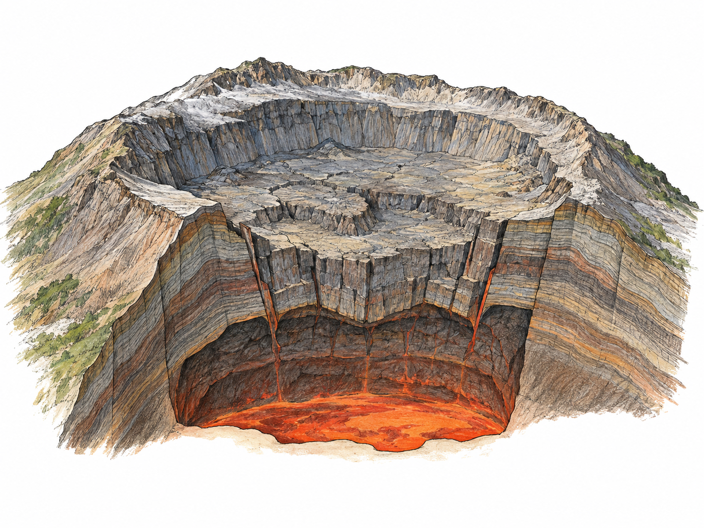 An oblique geological cutaway of a volcano with a broad, bowl-shaped collapsed summit, showing down-dropped rock above a partly drained magma chamber.